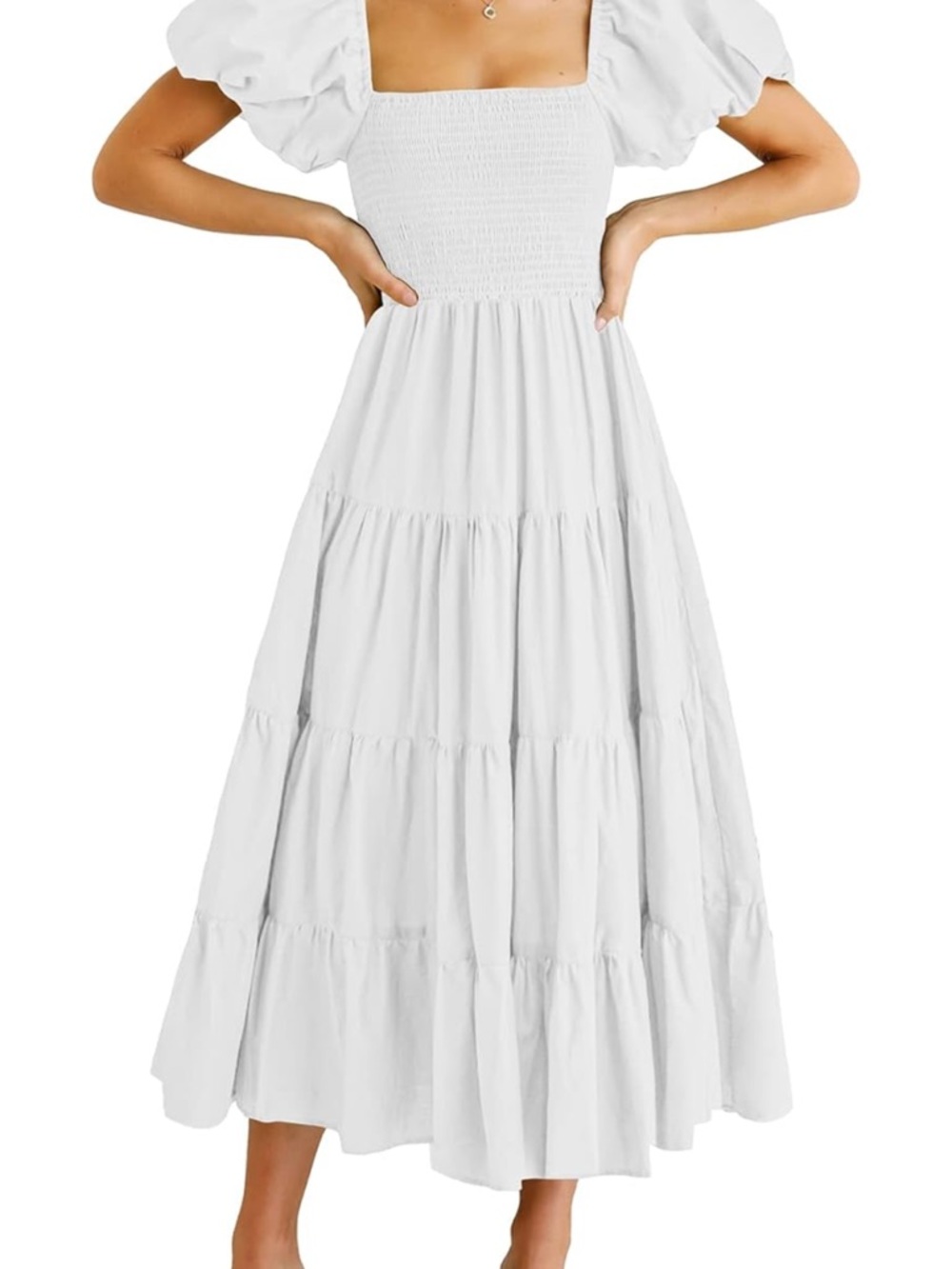 White Puff Sleeve Smocked Midi Dress with Tiered Skirt